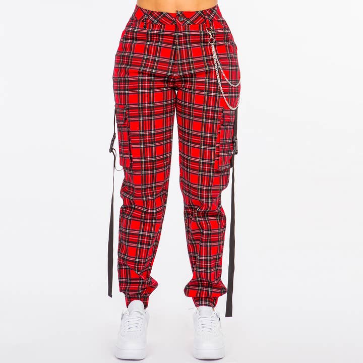 HIGH WAIST PLAID CARGO JOGGERS - RJJ5661 for wholesale by American Bazi