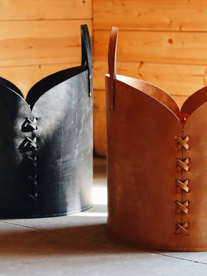 Large Leather Basket for wholesale by Harrow and Sickle Leather Goods