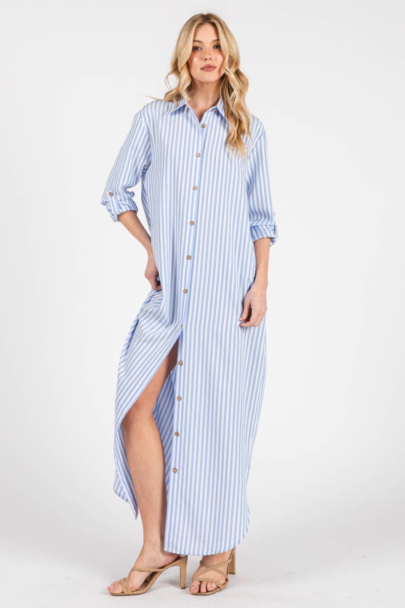 Peace Love Line – wholesale Dress – Women's – SLI3048 - STRIPED BUTTON DOWN SHIRT MAXI DRESS0