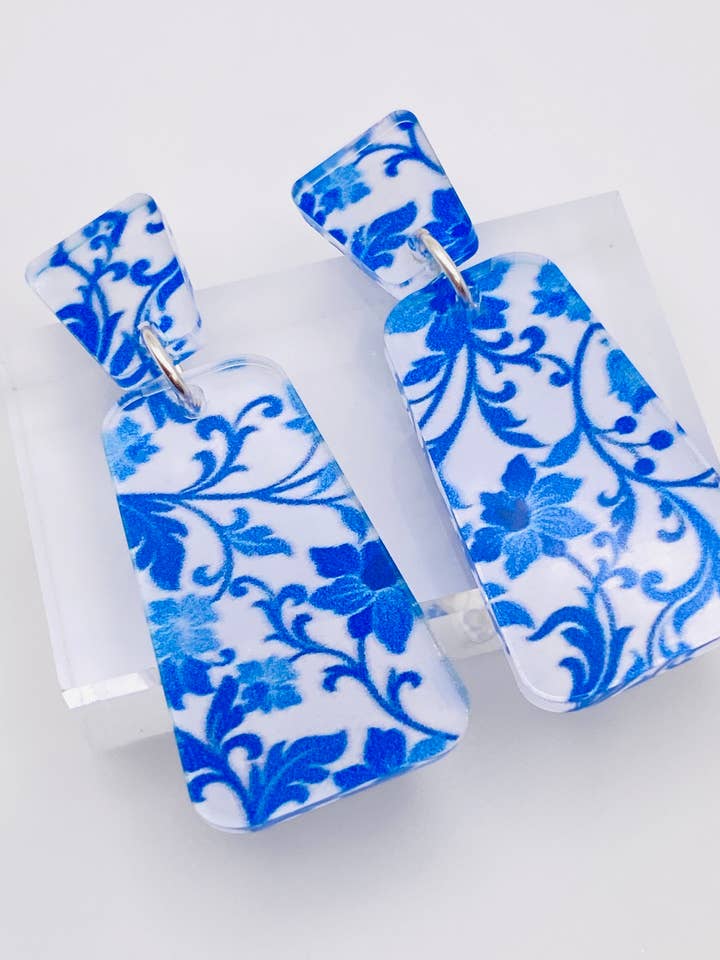 GEO VINTAGE BLUE FLORAL EARRINGS for wholesale by Sandy Lou Designs