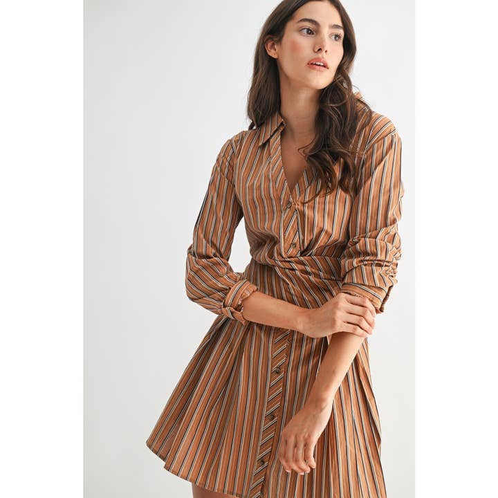 BROWN NAVY STRIPE STRIPED COLLARED SHIRT DRESS for wholesale on Faire3