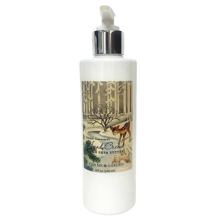 Holiday Hand Creme 8 oz Creme Caramel for wholesale by Kiss Me in the Garden
