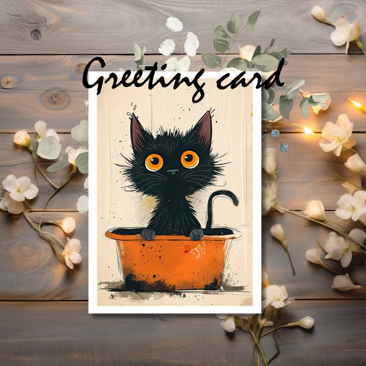 Purr-fectly Unexpected Black Cat Greeting Card for wholesale by Zalyia Designs
