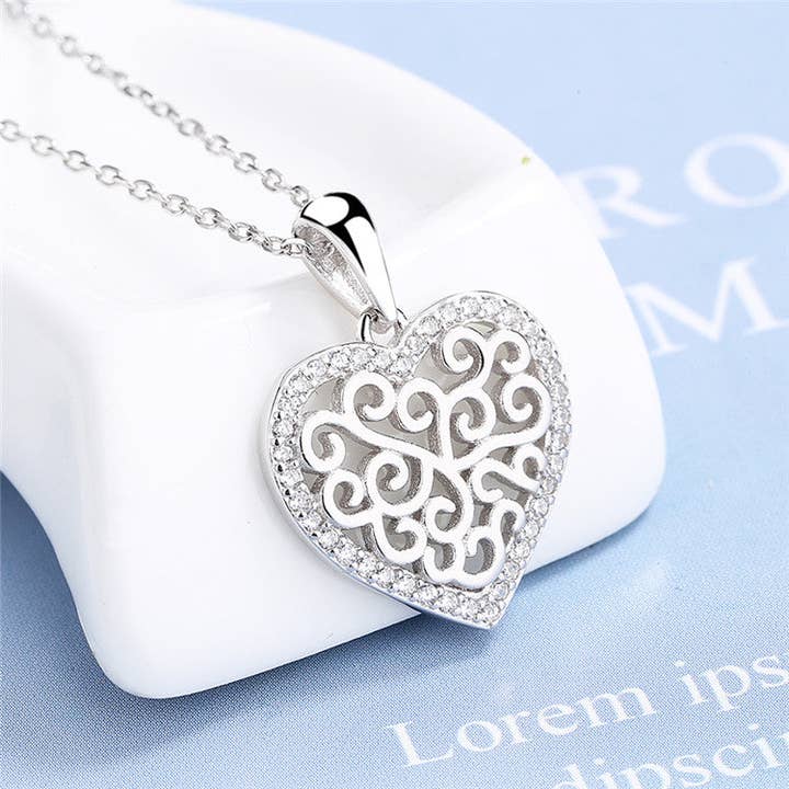 Amy and Annette - Wholesale Pendant/Charm Necklace - Sterling Silver Filigree Heart Pendant Necklace