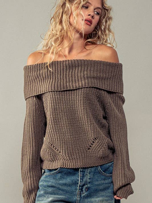 OLIVE OFF SHOULDER FOLD DOWN COLLAR RIB KNIT SWEATER for wholesale on Faire