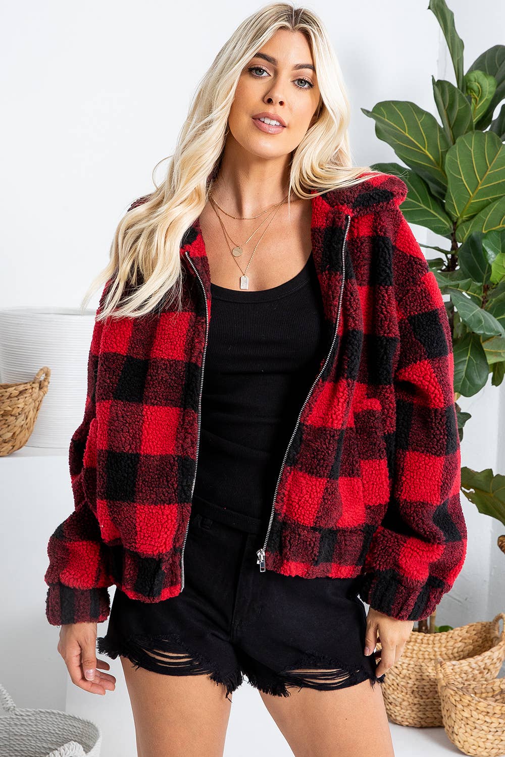RED BLACK PLAID CHECKER ZIPPED JACKET for wholesale on Faire15