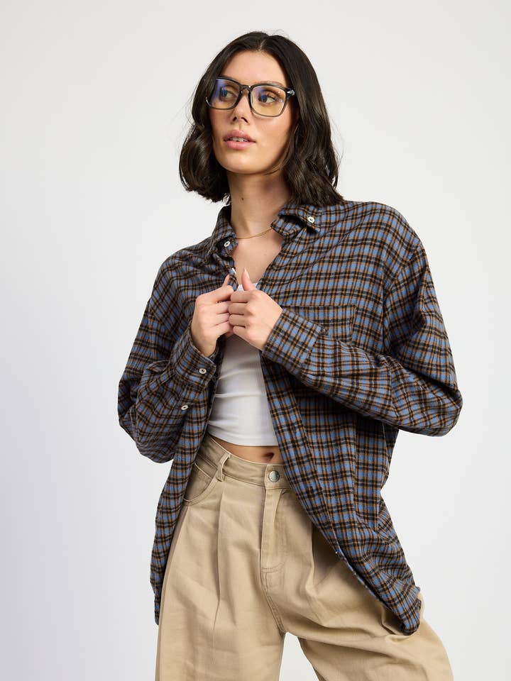 COMBO BLU CAMICIA OVERSIZE A QUADRI in vendita all'ingrosso su Faire0