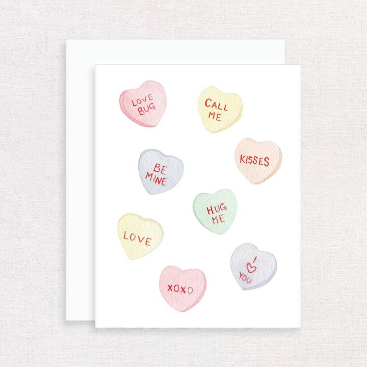 Conversation Hearts Valentine's Day Watercolor Greeting Card for wholesale by Korynne and Company