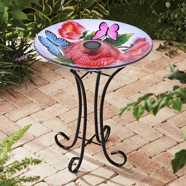 Hi-Line Gift Ltd. - Wholesale Bird Bath - Solar Led Floral Glass Bird Bath - Butterflies & Peonies