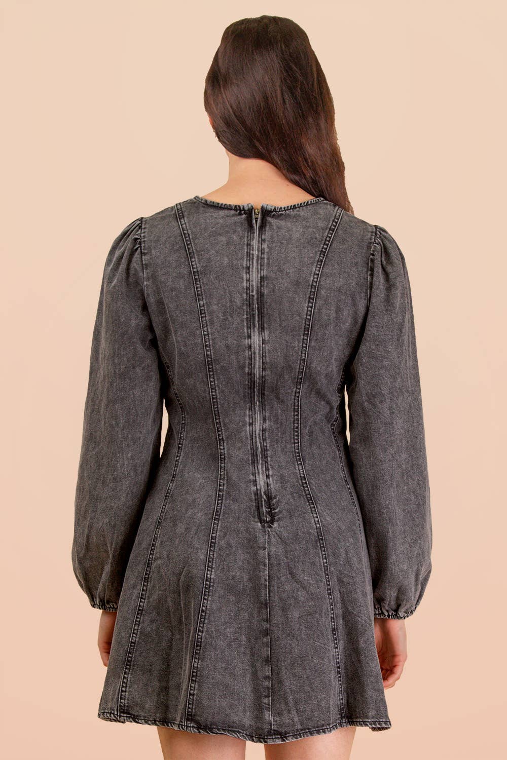 VERY J - Wholesale Dress - Women's - ND31817-Mineral Washed Denim Seam Detail Mini Dress4