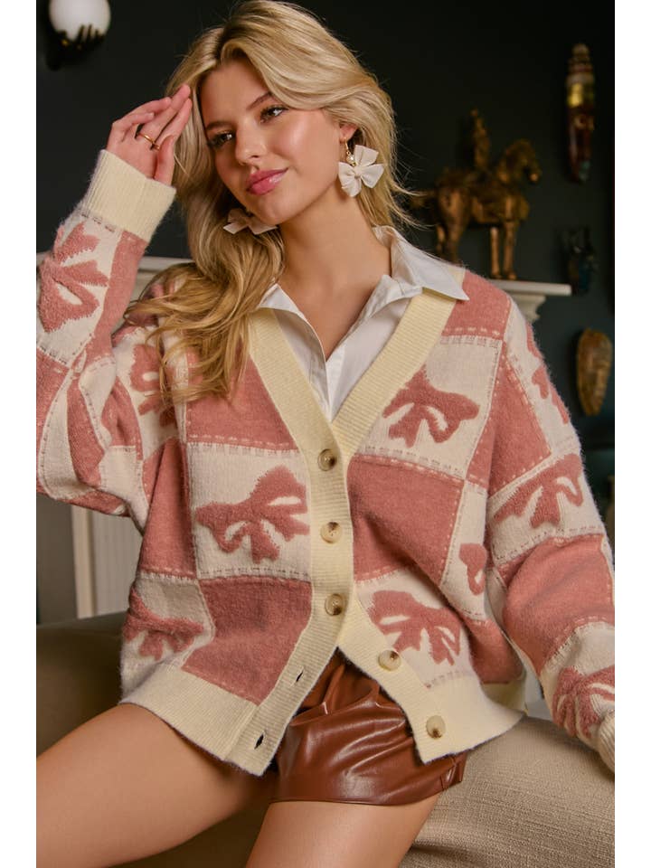 Peach Love California - Wholesale Cardigan - Women's - 3d Bow & Square Pattern Oversized Cardigan