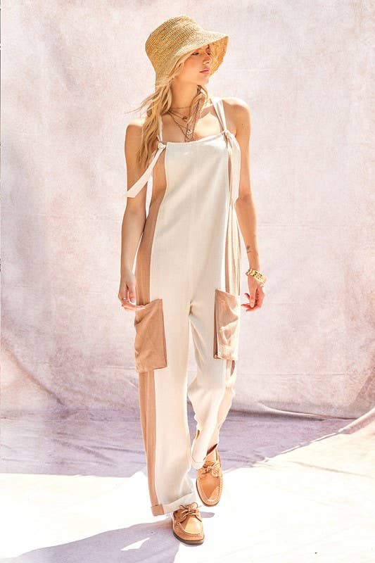 Natural Latte Linen Contrast Side Overall Jumpsuit for wholesale on Faire7