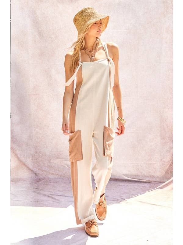 Natural Latte Linen Contrast Side Overall Jumpsuit for wholesale on Faire7