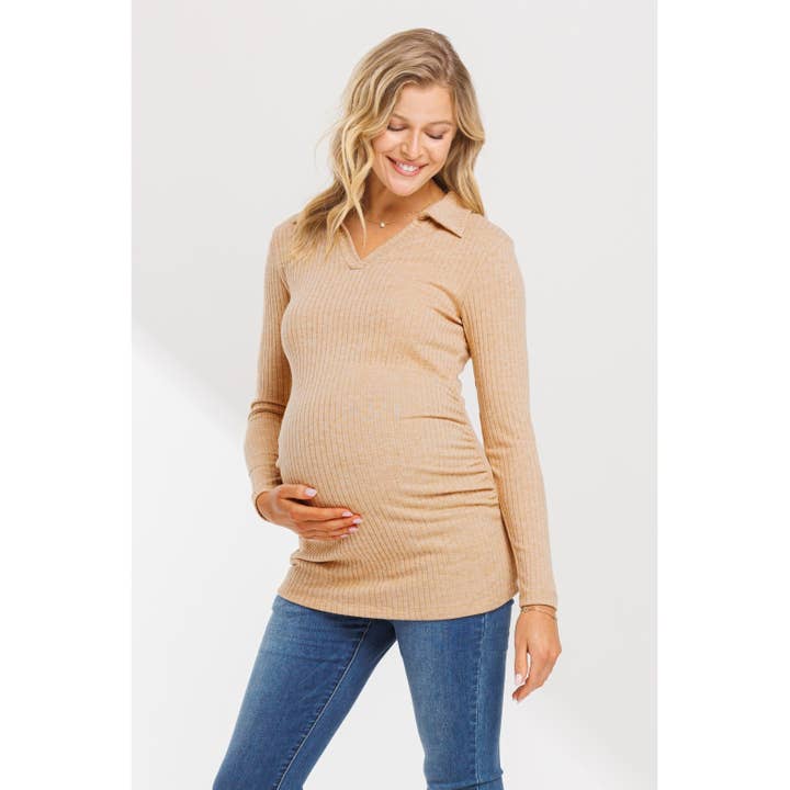 Collared Ribbed Maternity Long Sleeve Top for wholesale by Hello Miz