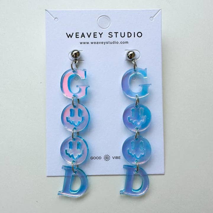 Weavey Studio, orecchini pendenti a forma di faccina sorridente tagliati al laser per la vendita all'ingrosso da parte di Weavey Studio