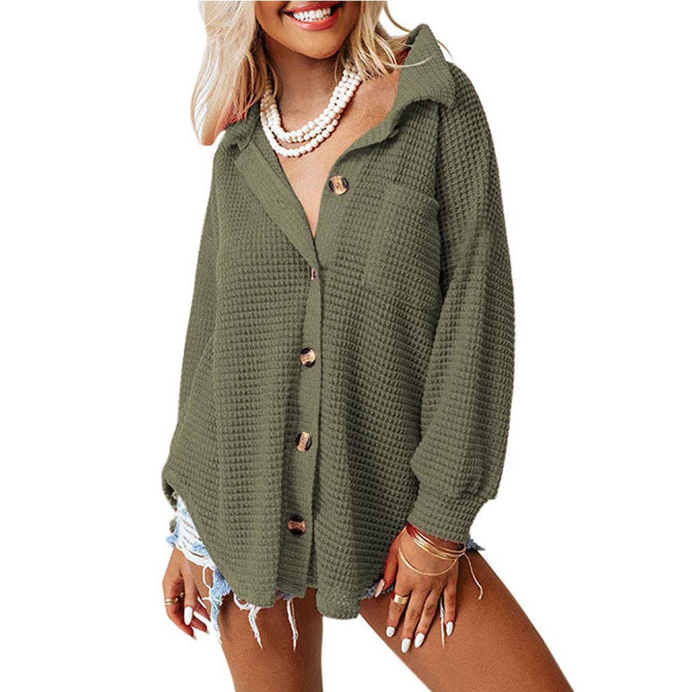 safistyle - Wholesale Button Down Shirt - Women's - Loose Waffle Knit Casual Shirt in Apricot1