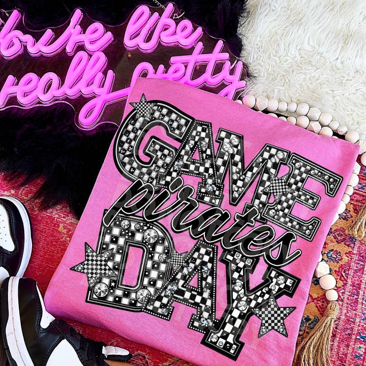 Game Day Pirates T-Shirt | Trendy School Spirit Shirt | Fast Shipping | Super Soft Shirts for Men/Women/Kid's | Bella Canvas for wholesale by Red Dirt Transfers