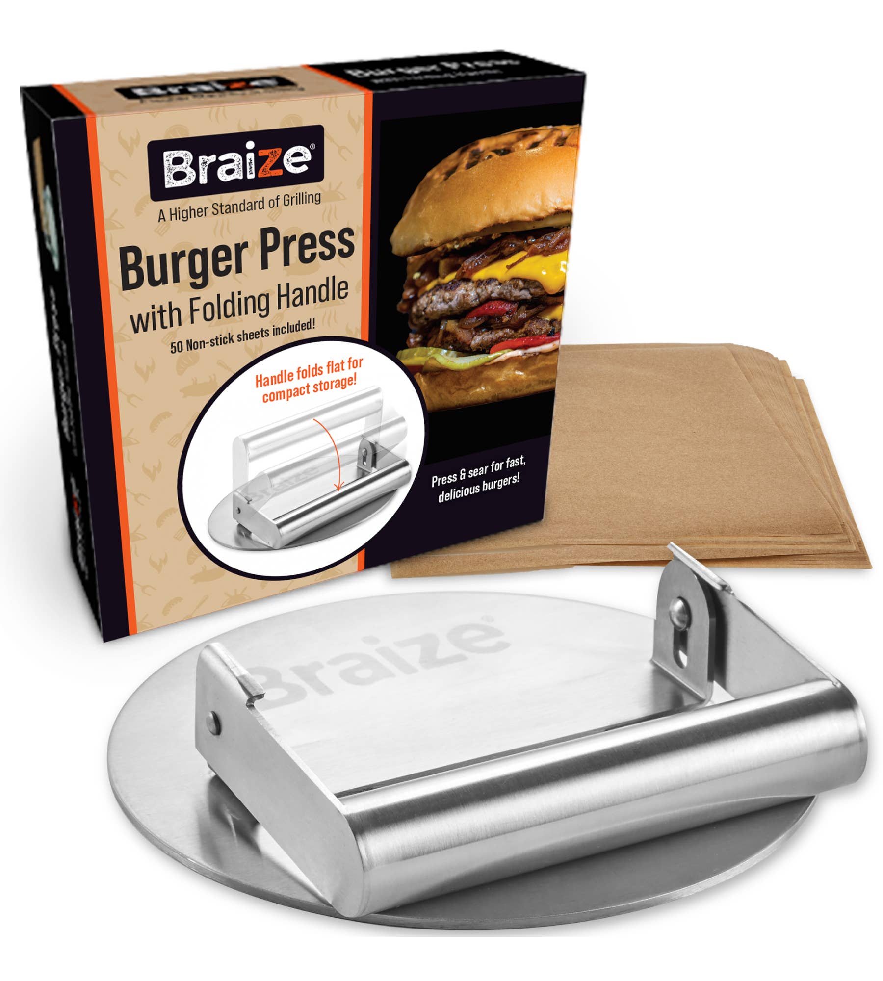 Braize - Wholesale Kitchen Tool/Gadget - Burger Press w/ Folding Handle + Non-Stick Sheets0