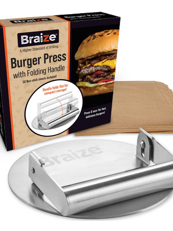 Hamburgarpress med fällbart handtag + non-stick-ark för wholesale av Braize
