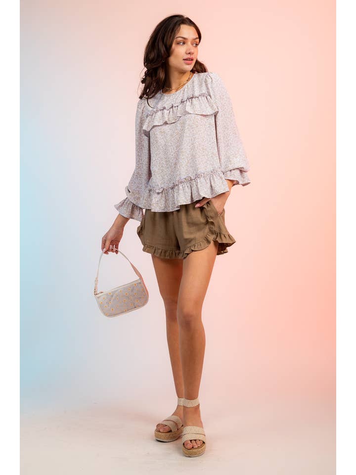VERY J - Wholesale Blouse - Women's - VT15119-Floral Print Ruffle Blouse