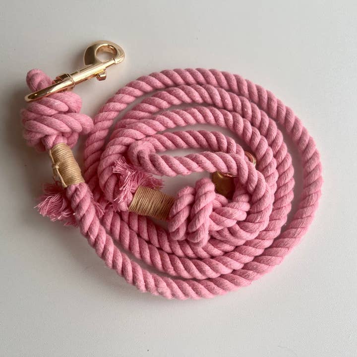 Light Bubblegum Pink Rope Dog Lead Gold Hardware for wholesale by Daisy Dukes Designs
