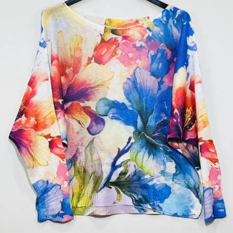 501 Beige Blue Floral Round Knit Printed Sweater LOOWIE for wholesale by LOOWIE