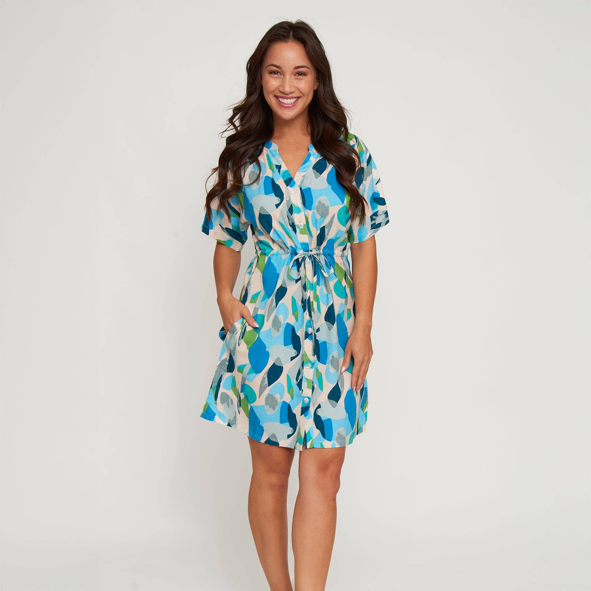 Elsie & Zoey - Wholesale Dress - Women's - Shirt Dress Ayla Short Sleeve V-Neck Tie Waist with Pockets17