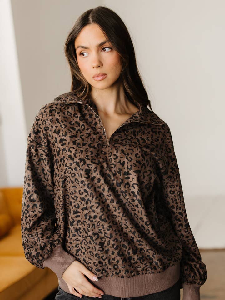 LALALOO Leopard Corduroy Quarter-Zip Sweatshirt for wholesale by LALA LOO