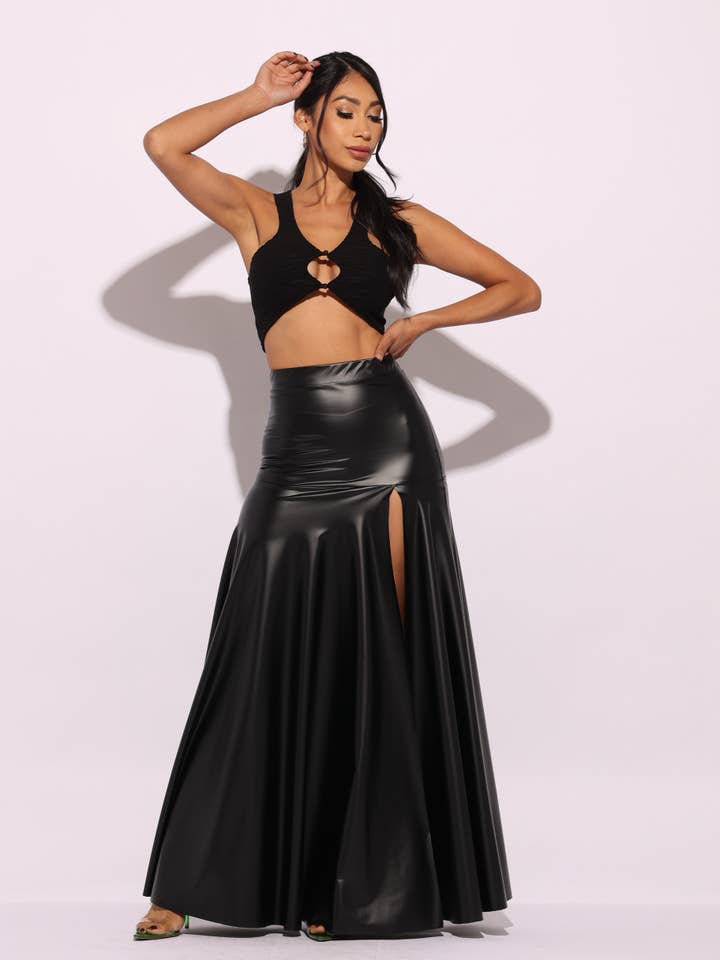 K Too - Wholesale Skirt - Women's - Matte PU maxi skirt with high slit8