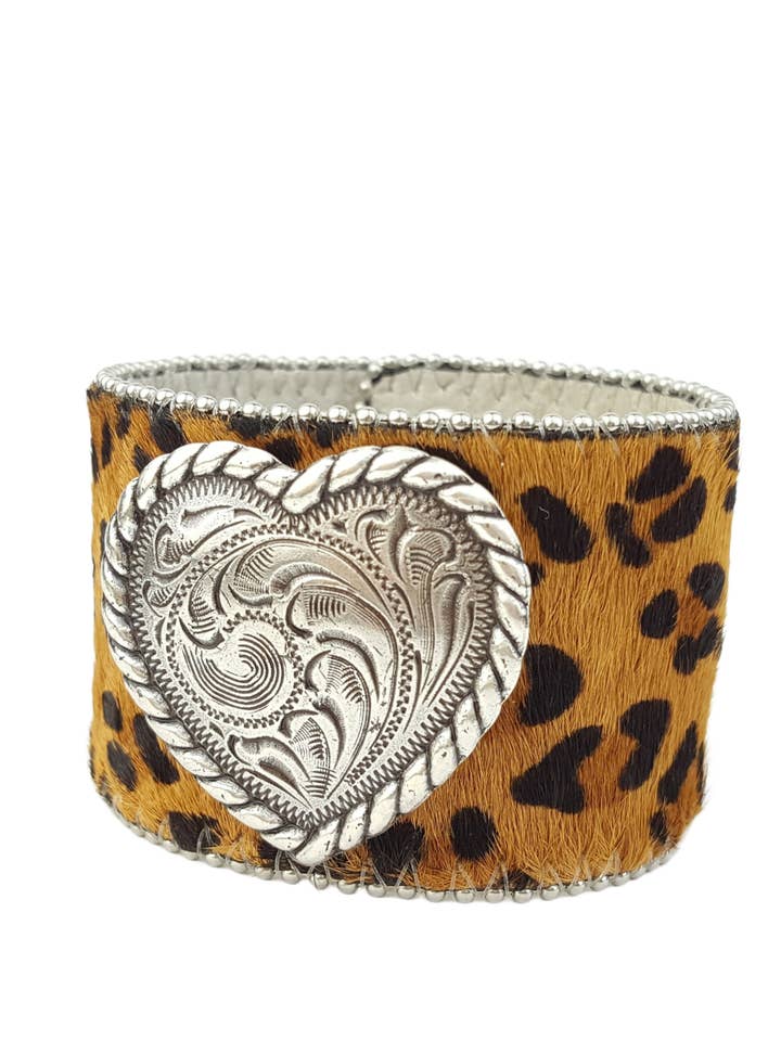 Animal Print Hair on Cow Leather Band w. Heart for wholesale by Axesoria West
