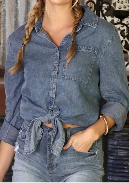 Shop Lev - Vendita all'ingrosso Camicia button down - Donna - Camicia abbottonata in denim chambray a maniche lunghe da donna0