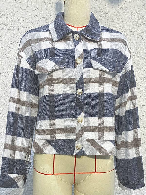 DJUPBLÅ Långa ärmar Lösa knappar Kontrastfärg Rutigt Lapel Ytterkläder för wholesale på Faire5
