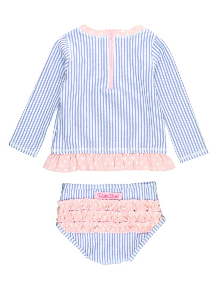 RuffleButts + RuggedButts - Wholesale Rashguard Set - Kids - Girls Periwinkle Blue Seersucker Long Sleeve Rash Guard 2-Piece Swimsuit with Signature Rear Ruffles