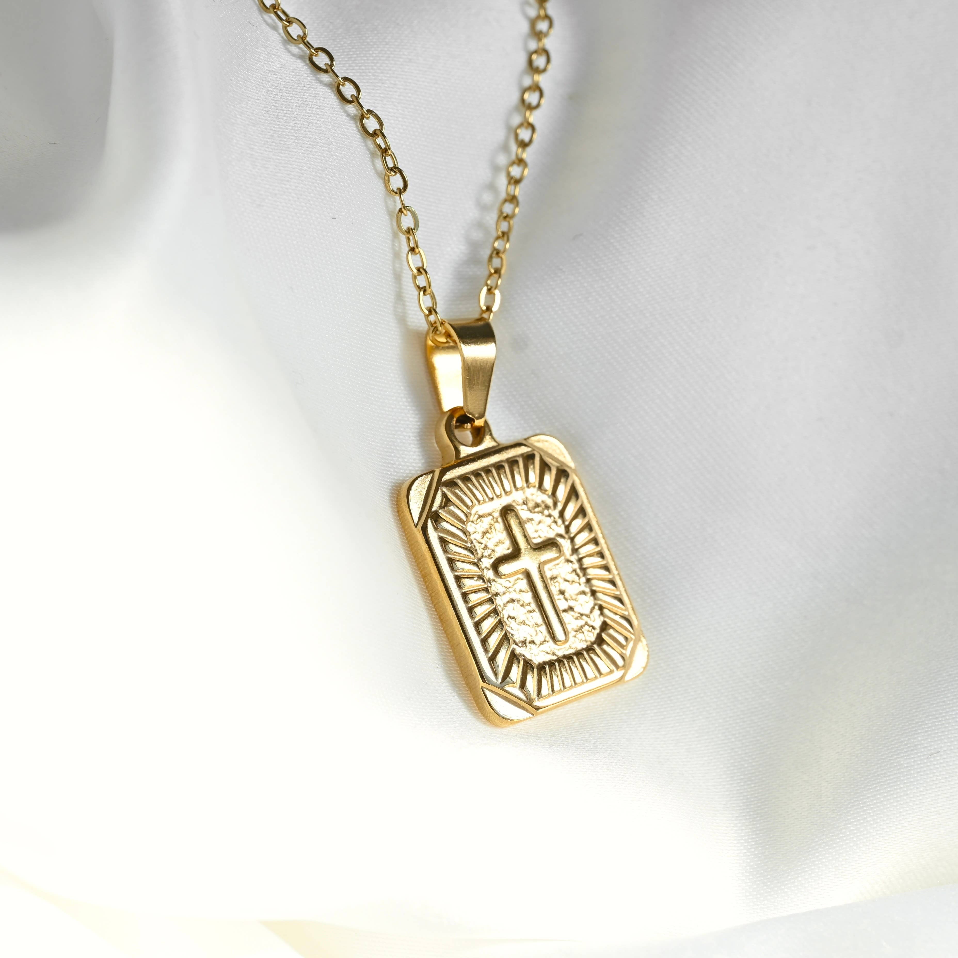 Blueyejewelry - Wholesale Pendant/Charm Necklace - Rectangle Cross Necklace- Tarnish-free Texture Cross Pendant4