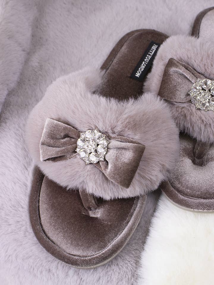 Amelie Embellished Toe Post Slippers in Mink for wholesale on Faire