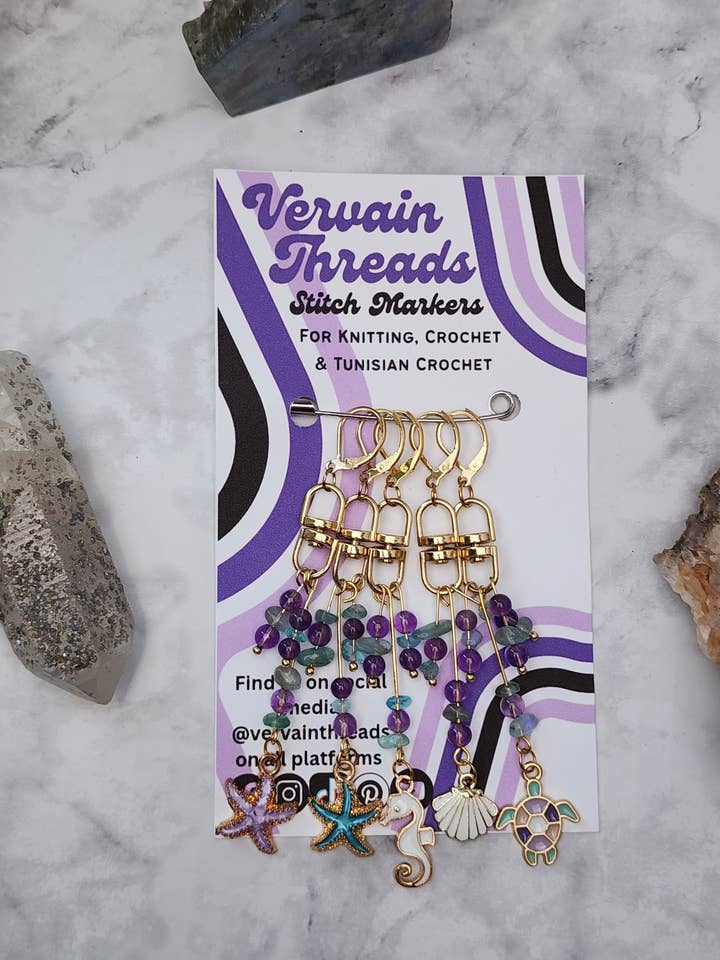 Under The Sea Stitch Markers w/ Gemstone Beads, Set of 5 for wholesale by Vervain Threads