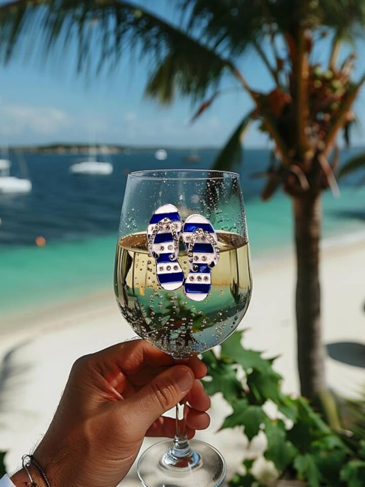 Blue and White Flip Flop Jeweled Stemmed Wine Glass for wholesale by The Queens' Jewels®
