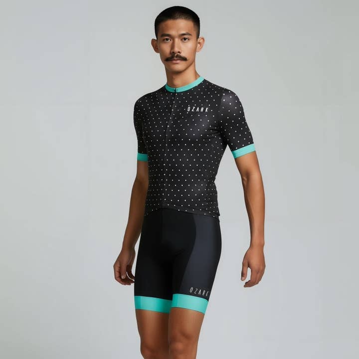 Ozark Cycling Men’s Jersey – Black Polka Dot Performance Fit with Full-Length Ventilation and Ample Storage for wholesale by Urban Cycling Apparel