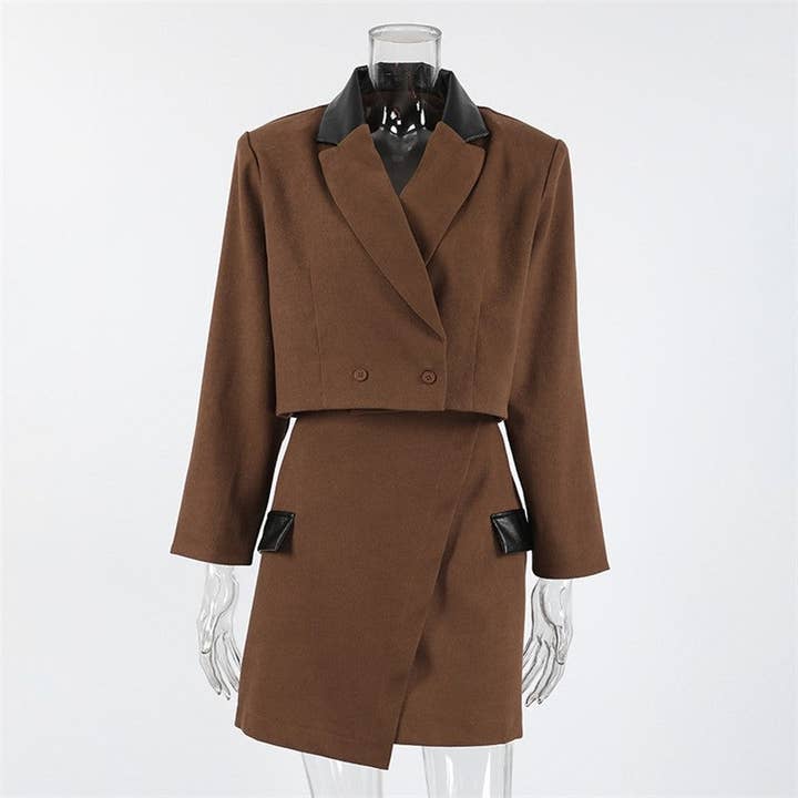 Brown Fashion Color Block Blazer High Waist Skirt Set for wholesale on Faire4