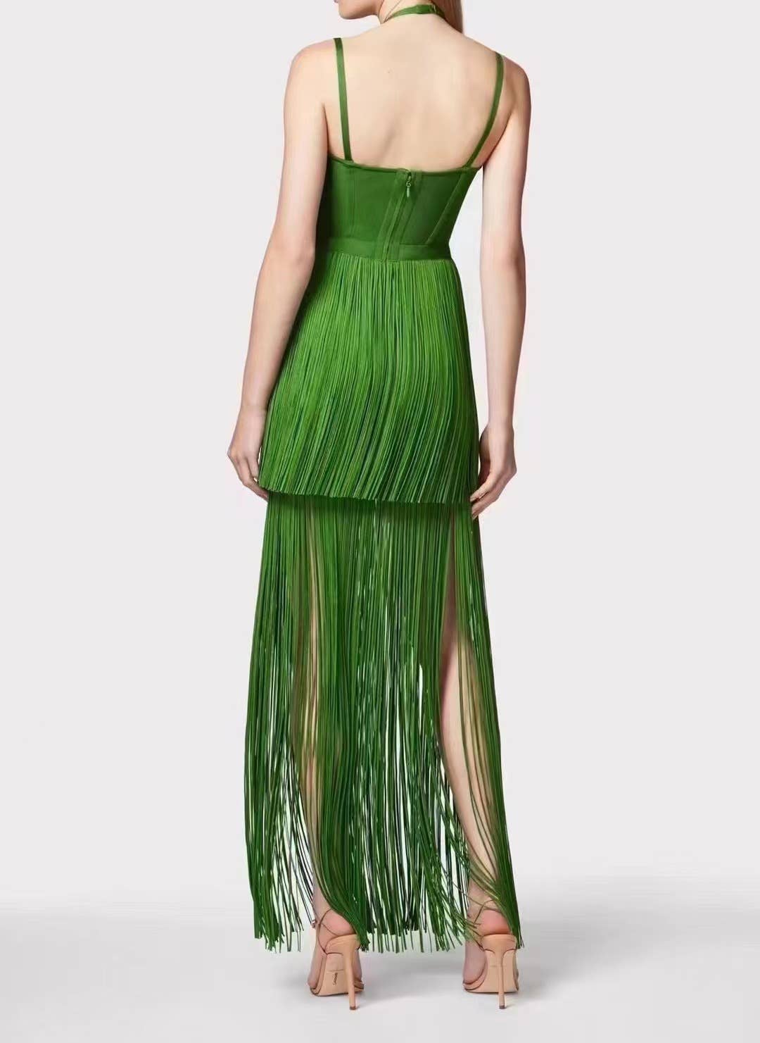DR0249Y Sultry Green Fringe Halter Maxi Dress for wholesale on Faire2