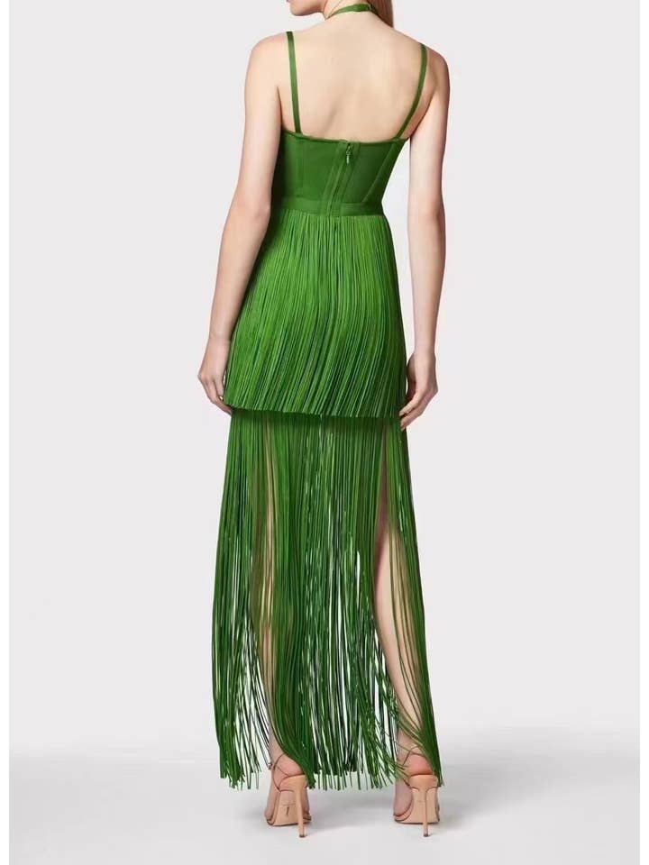 DR0249Y Sultry Green Fringe Halter Maxi Dress for wholesale on Faire2