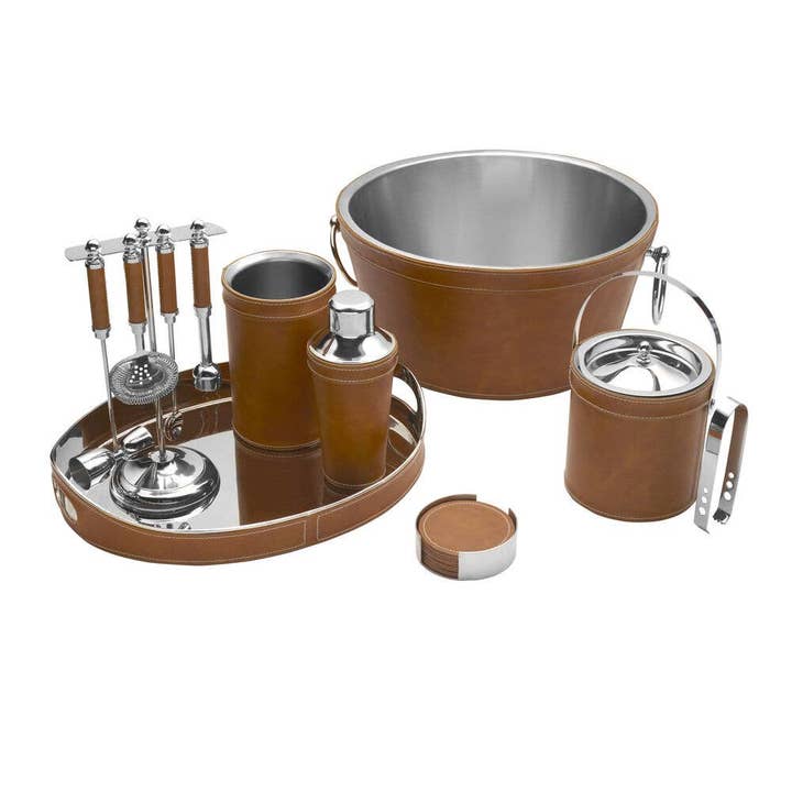 Lifetime Brands Silverwarehouse – wholesale Ice bucket – Leather Stitched Ice Bucket with Tongs