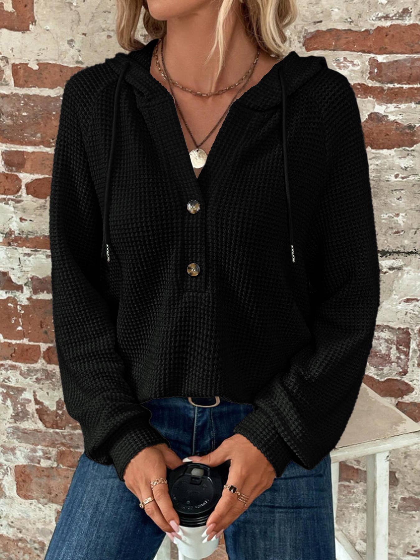 Lily Clothing - Vente Sweat à capuche – femme - Sweat à capuche uni à boutons et manches longues2