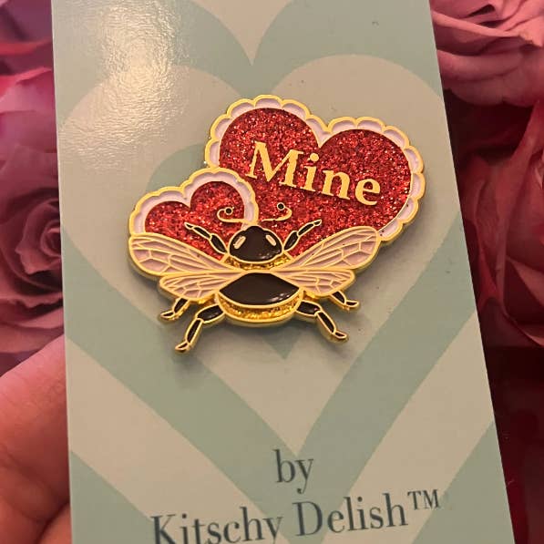 Kitschy Delish - Wholesale Lapel Pin/Button - Bee Mine soft enamel pin with red glitter1