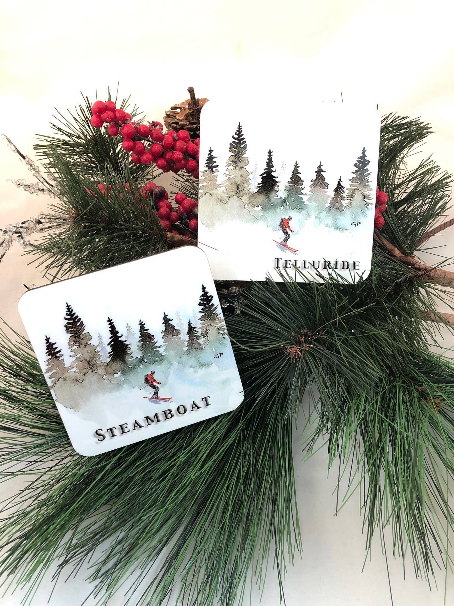 GP Originals - Vente Sous-verre - Evergreen Skieur Ensemble de 4 sous-verres avec liège0