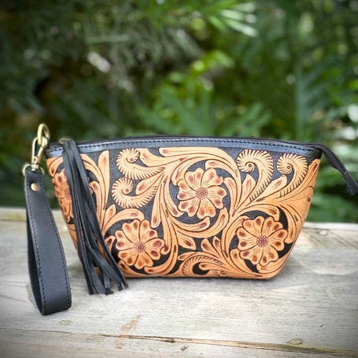 Hand Tooled Leather Wristlet Bag Cosmetic Pouch Western for wholesale by Southern Junkie Gypsy Boutique