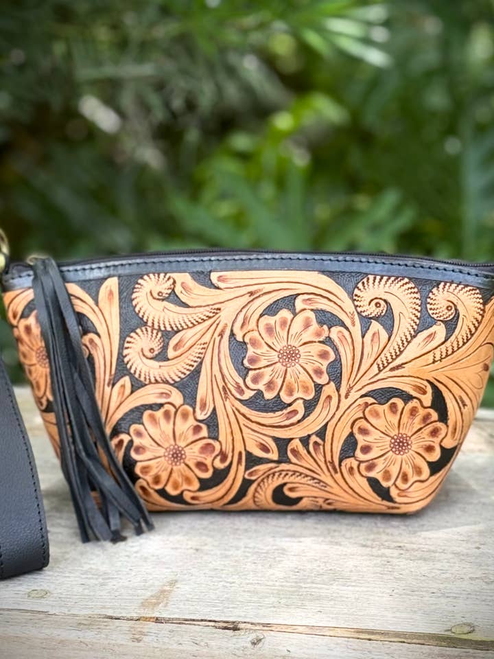 Hand Tooled Leather Wristlet Bag Cosmetic Pouch Western for wholesale by Southern Junkie Gypsy Boutique