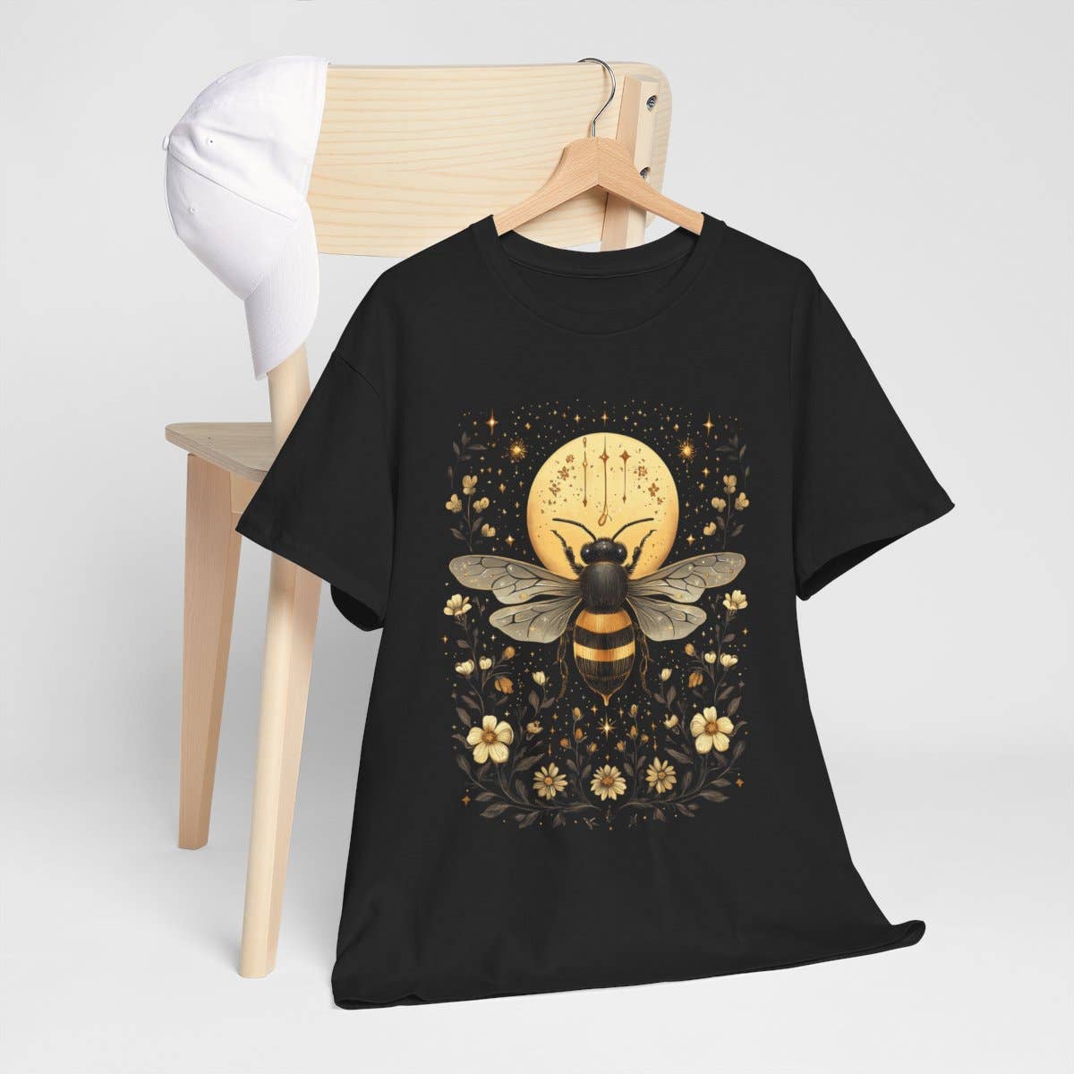 Upside Down Owl Farm - Wholesale Screen Printed T-Shirt - Women's - Boho Bee Moon & Stars T-Shirt, Floral Celestial Vibes3