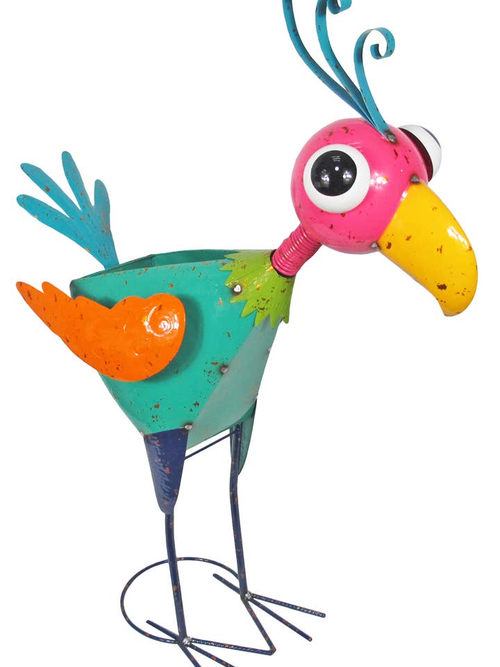 XL Colorful Enameled Metal Pink Face Peacock Planter for wholesale by Continental Art Center