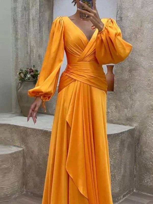 FurDecoration - Wholesale Gown - Women's - Look-Thin Pleated Solid Color V-Cut Long Sleeves Maxi Dresses1